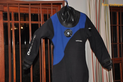 Drysuit showing neck seal and air vents
